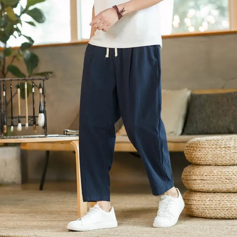Mens Cotton Linen Solid Color Casual Pants Breathable Loose Fit Trousers With Drawstring Waist Streetwear