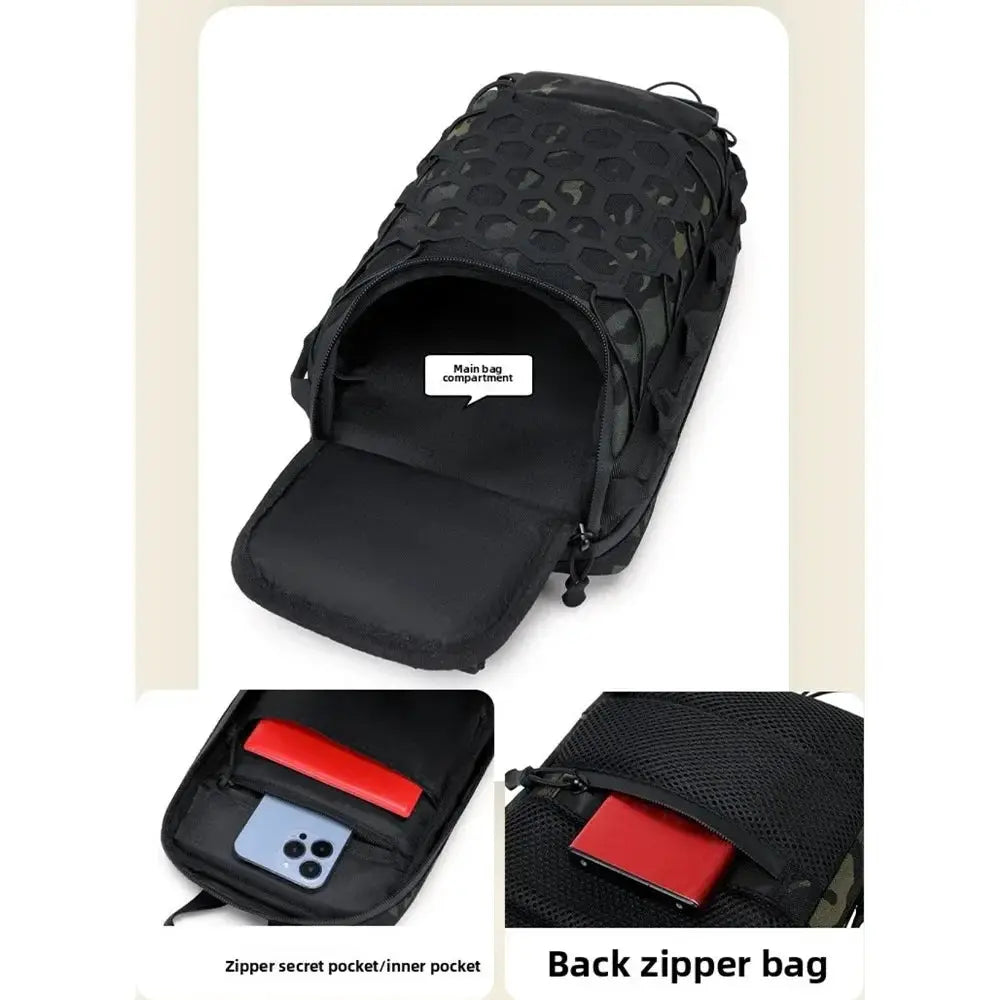 Outdoor port bag pack by Simples Market, black tactical chest bag with hex MOLLE webbing and multiple zip pockets