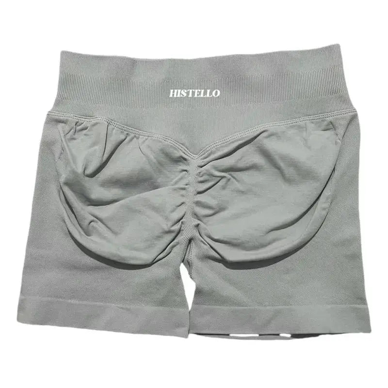 HISTELLO sports shorts, low-waist seamless scrunch, breathable gray fabric