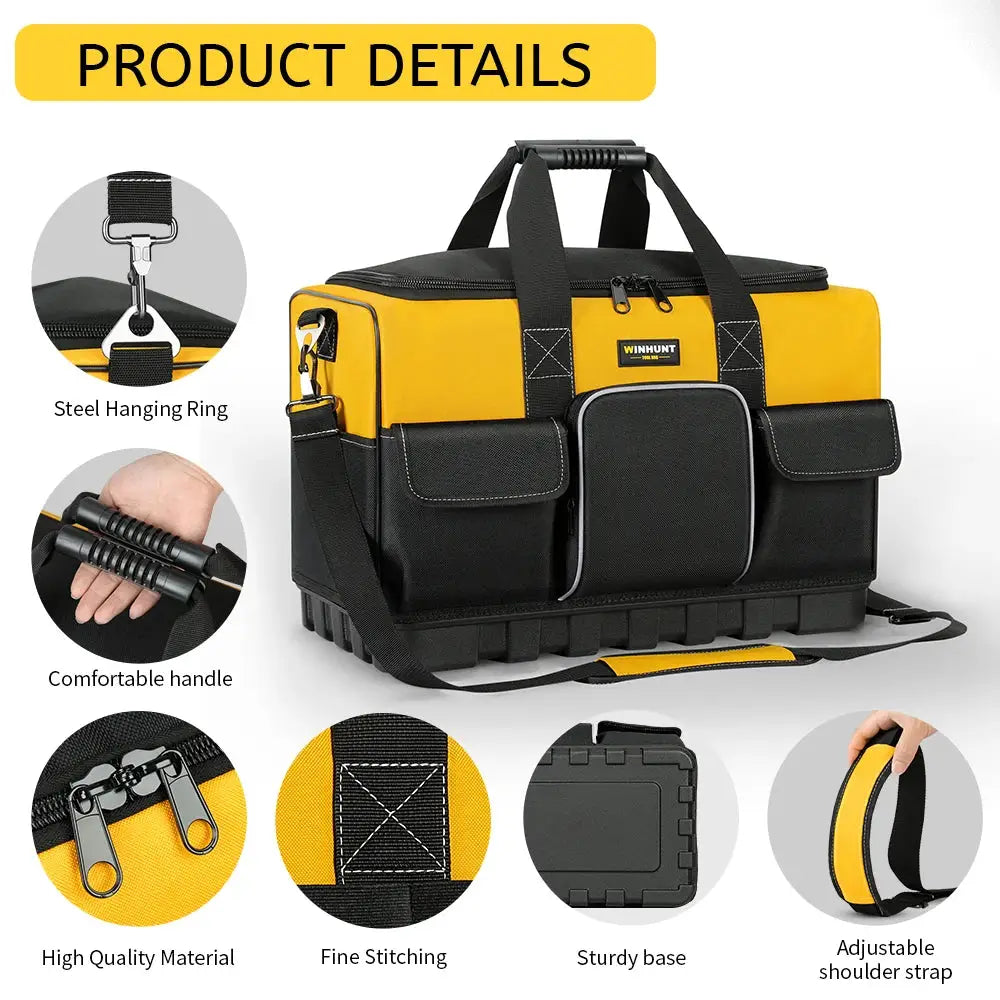 WINHUNT durable polyester tool bag in yellow and black with molded bottom and adjustable strap by Simples Market