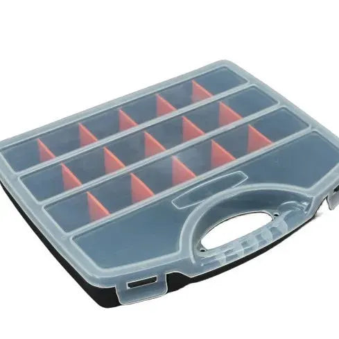 Plastic tool parts box with red divider grid in a transparent gray case