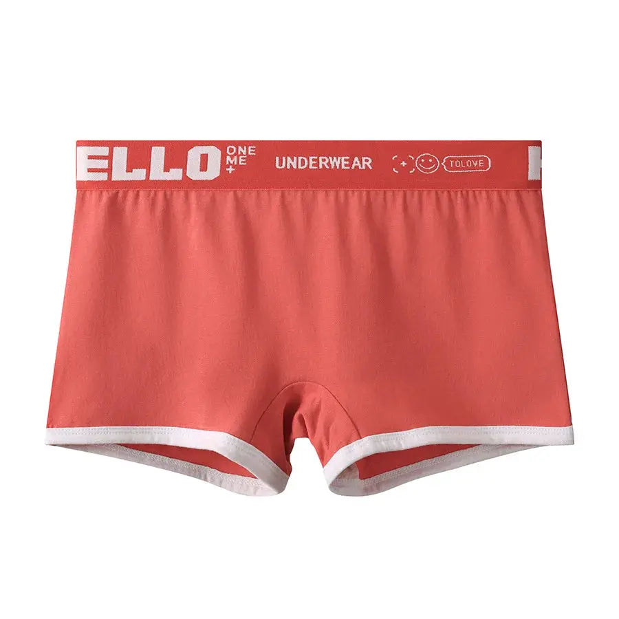 Women's cotton boyshorts in coral pink with white trim and ELLO branded waistband