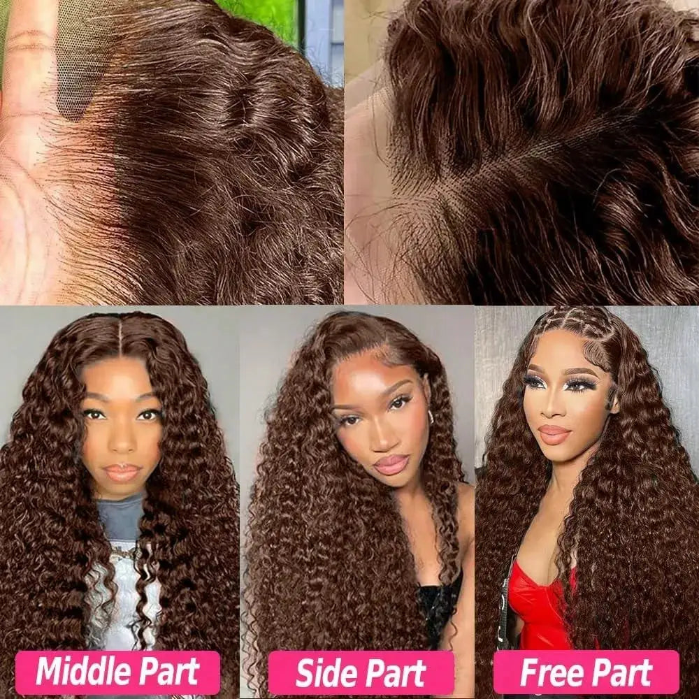 Chocolate Brown Deep Wave 13x6 Lace Front Wig Human Hair Water Wave 250 Percent Density Pre Plucked