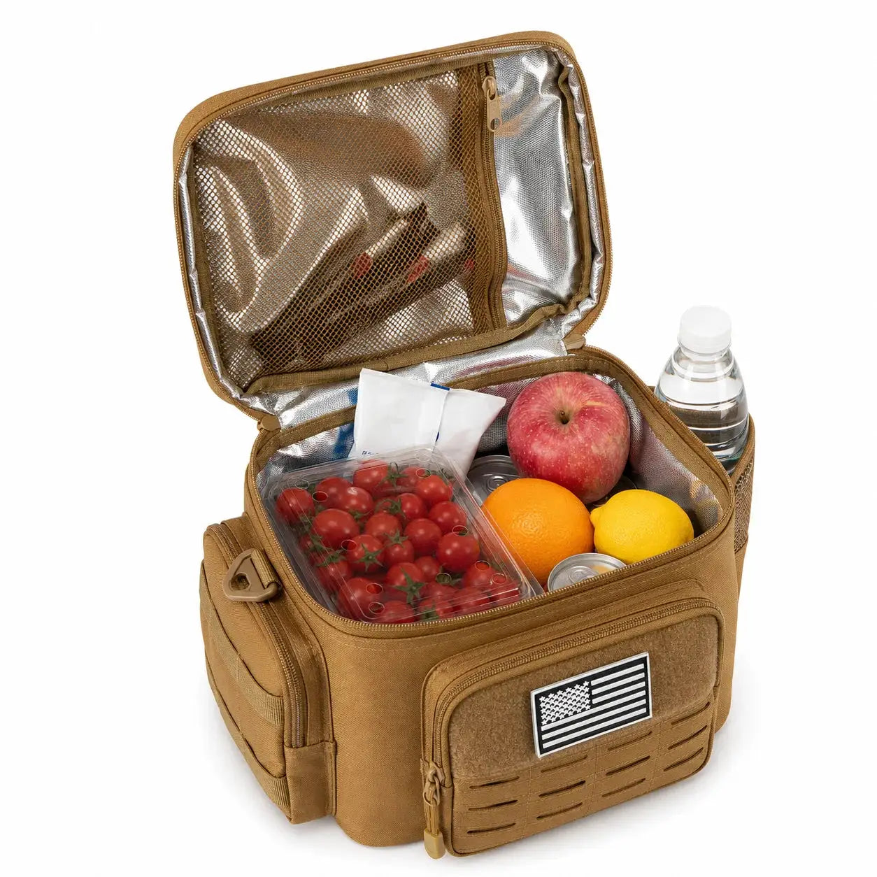 Simples Market 13L tan tactical insulated lunch bag with flag patch; holds tomatoes, apple, oranges and water bottle