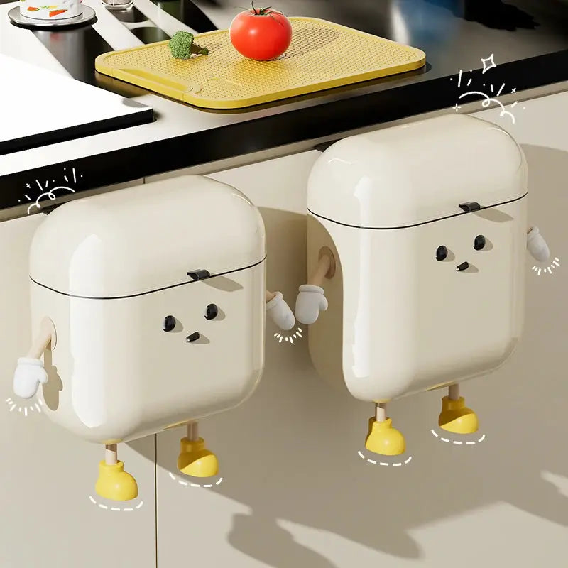 Simples Market cream wall-mounted trash cans with lids (9L/12L); set of two for kitchen use