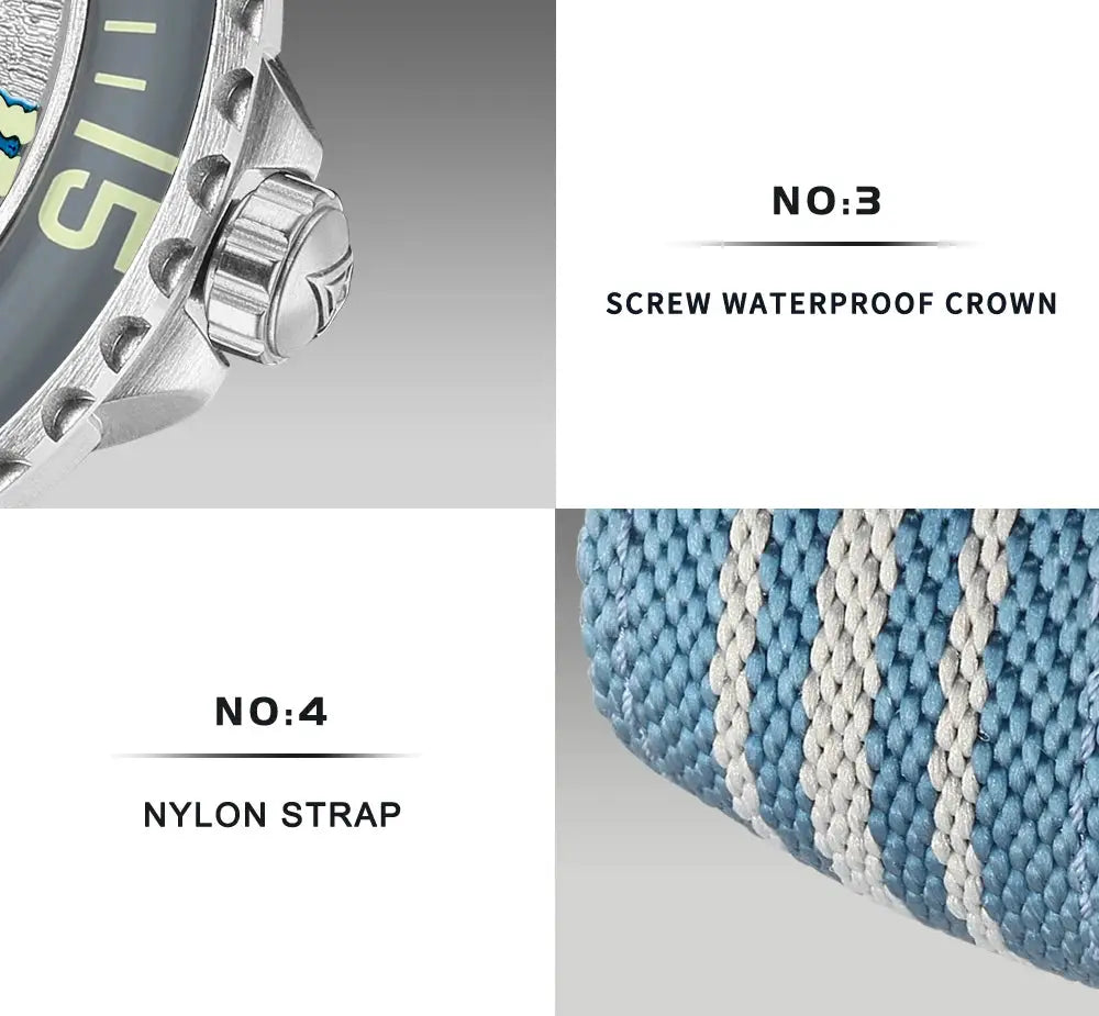 CADISEN Deep Explorer watch components: screw waterproof crown and blue woven nylon strap, 2 items