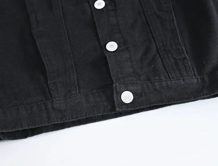 Men's black denim sleeveless vest with metal snap buttons