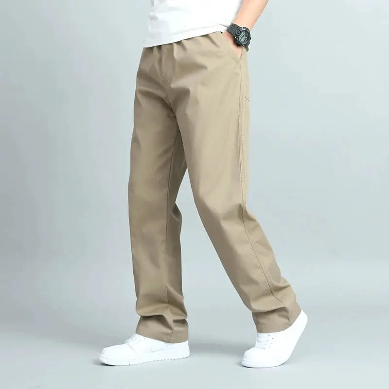 Simples Market big-size men's casual cotton trousers, loose-fit straight pants, tan with multiple pockets