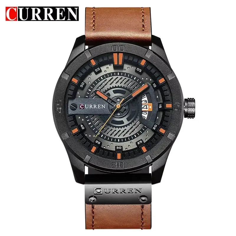 Curren men's luxury watch with skeleton dial, black case, orange accents, brown leather strap