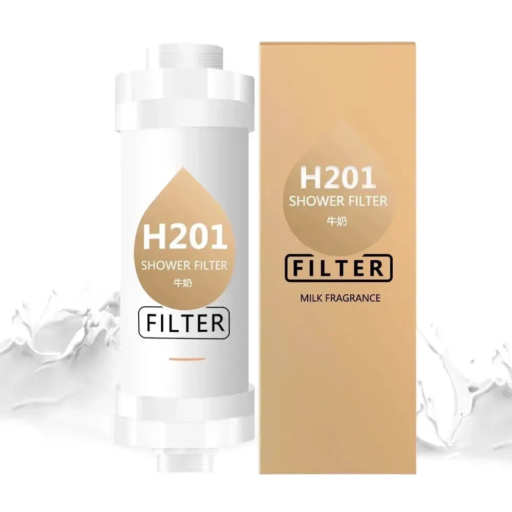 H201 shower filter by Simples Market; white cartridge with beige label beside tan box reading milk fragrance
