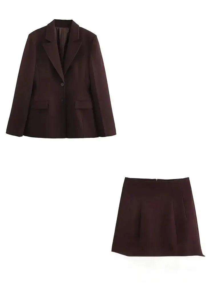 KONDALA women's blazer and matching dark brown skirt set with front pockets