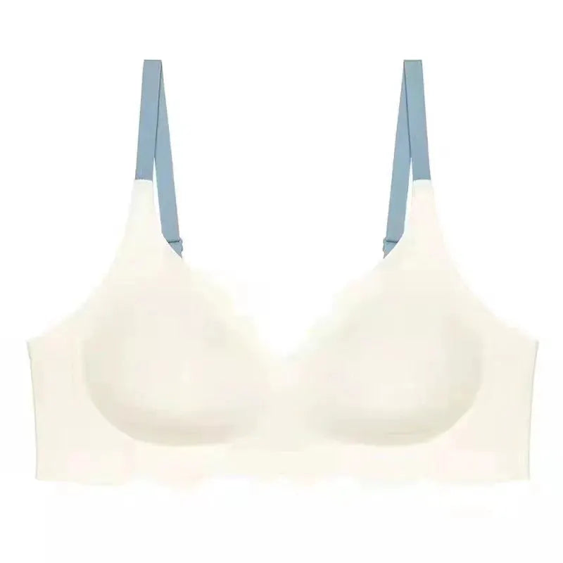 No Trace Top wireless beige bra with blue adjustable straps