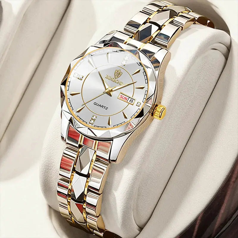 BINBONG women's quartz watch with a two-tone gold and silver stainless steel bracelet, white dial and date window