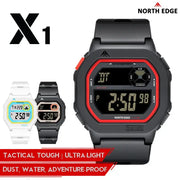 North Edge X1 square-screen digital sports watch, black with red bezel, waterproof 50m; white and black variants shown
