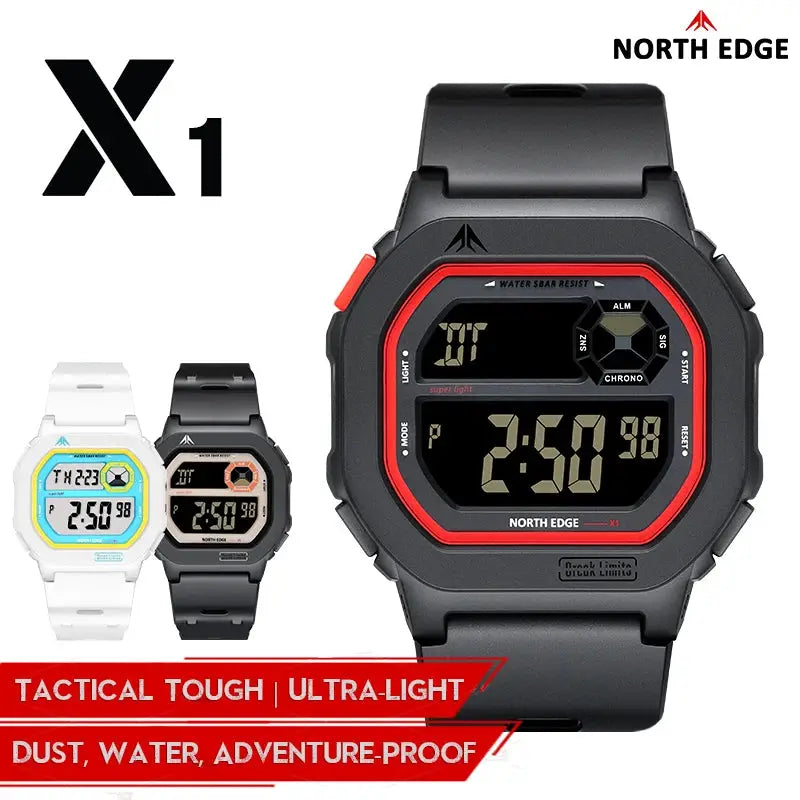 North Edge X1 square-screen digital sports watch, black with red bezel, waterproof 50m; white and black variants shown