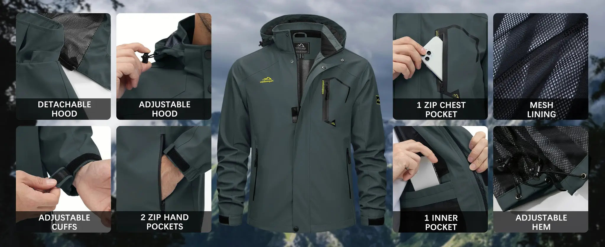Simples Market Tacvasen men's lightweight waterproof rain jacket, olive green with mesh lining