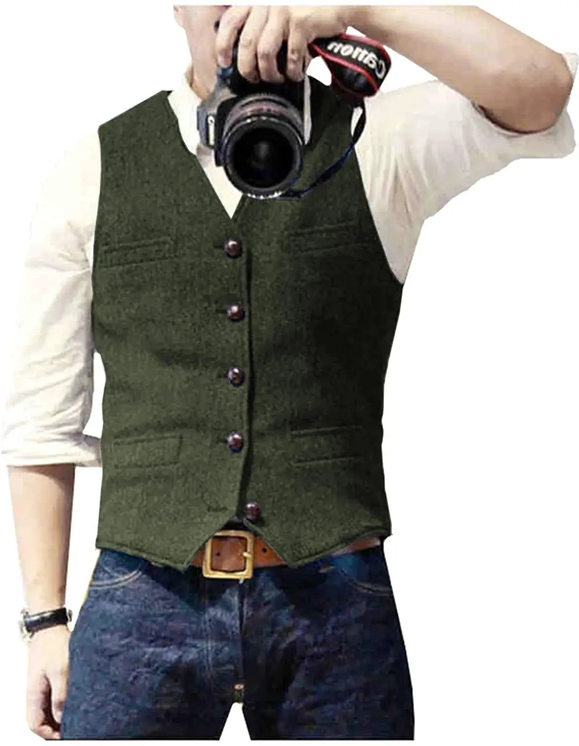 Men's V-neck waistcoat in olive-green herringbone tweed with brown buttons, slim fit
