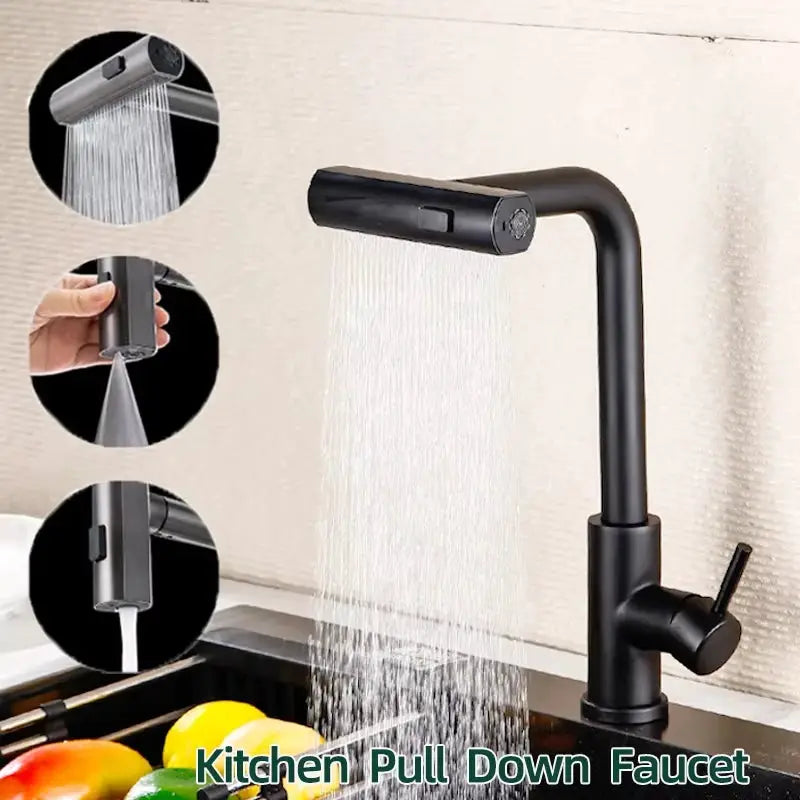 Simples Market grey pull-out kitchen faucet, deck-mounted with flexible hose and stream/shower modes.