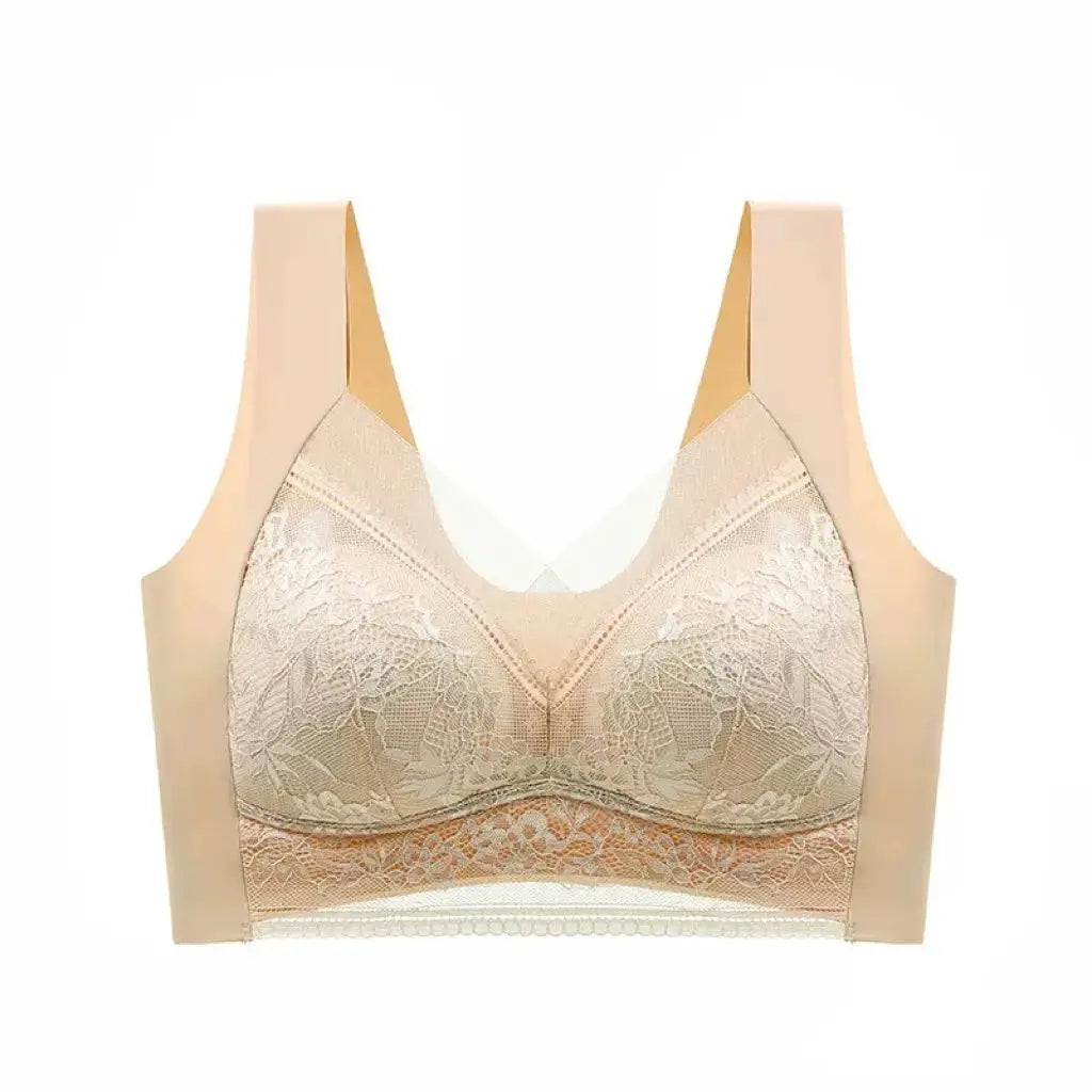 Women lace padded bra in nude beige, seamless comfort with lace cups and wide straps