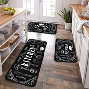 VIKAMA kitchen mats by Simples Market, set of 3 black washable non-slip absorbent mats with chalk-drawn kitchen motifs