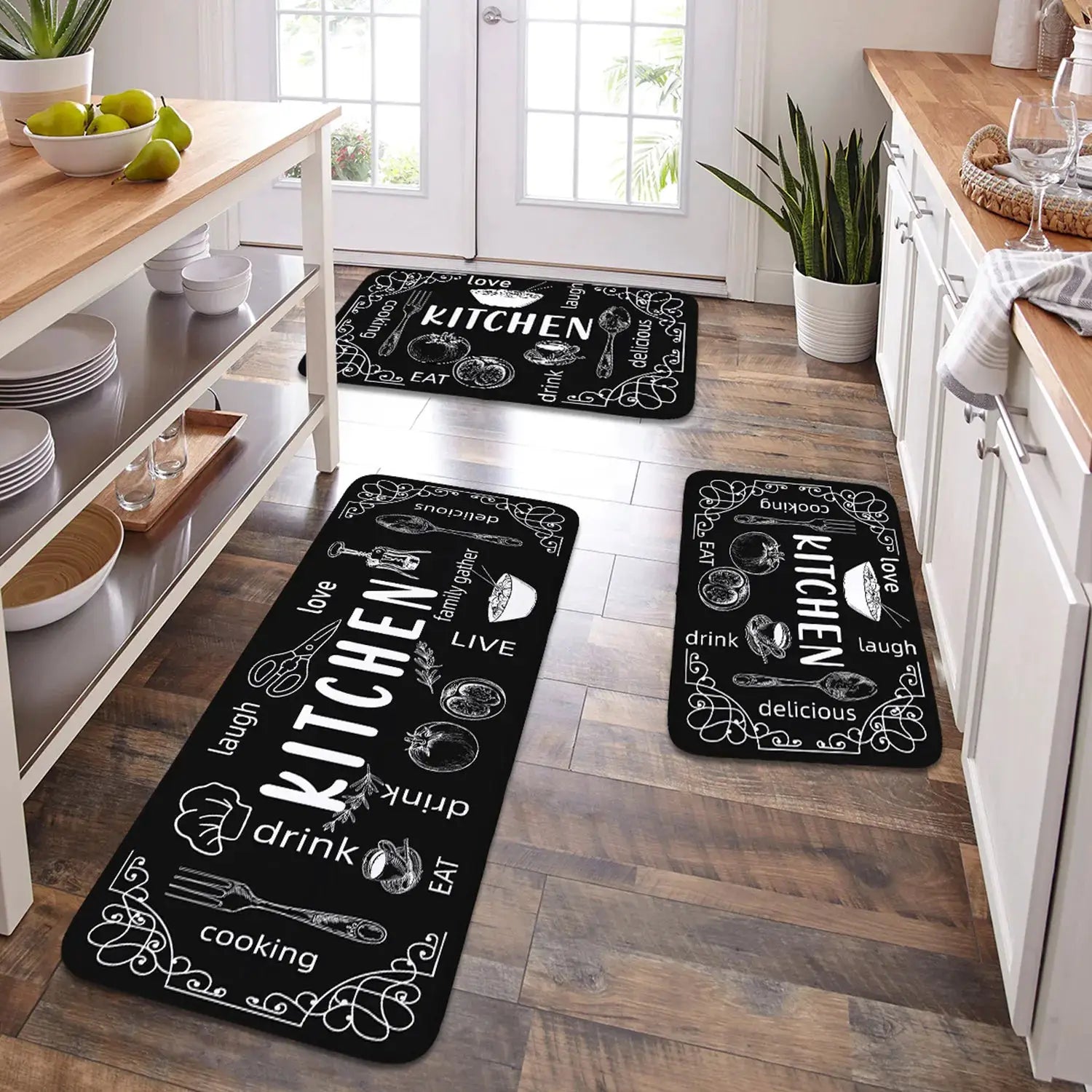 VIKAMA kitchen mats by Simples Market, set of 3 black washable non-slip absorbent mats with chalk-drawn kitchen motifs