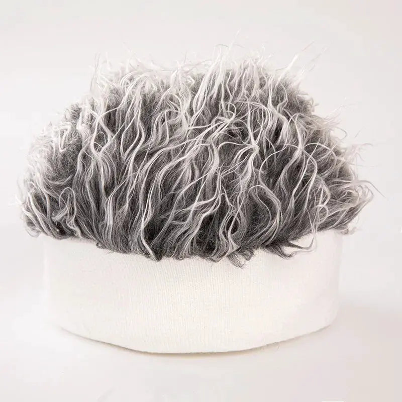 Cosplay wig cap with white knitted base and curly gray hair for hip-hop outfits