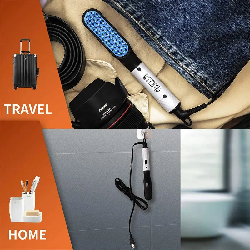 Hot comb straightener with negative ion heating; white and black handle with blue heating plate