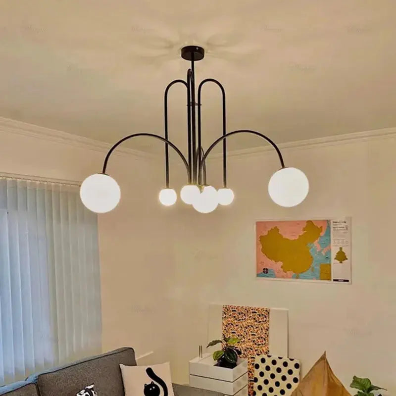 Simples Market Nordic minimalist pendant chandelier, black metal frame with white globe bulbs