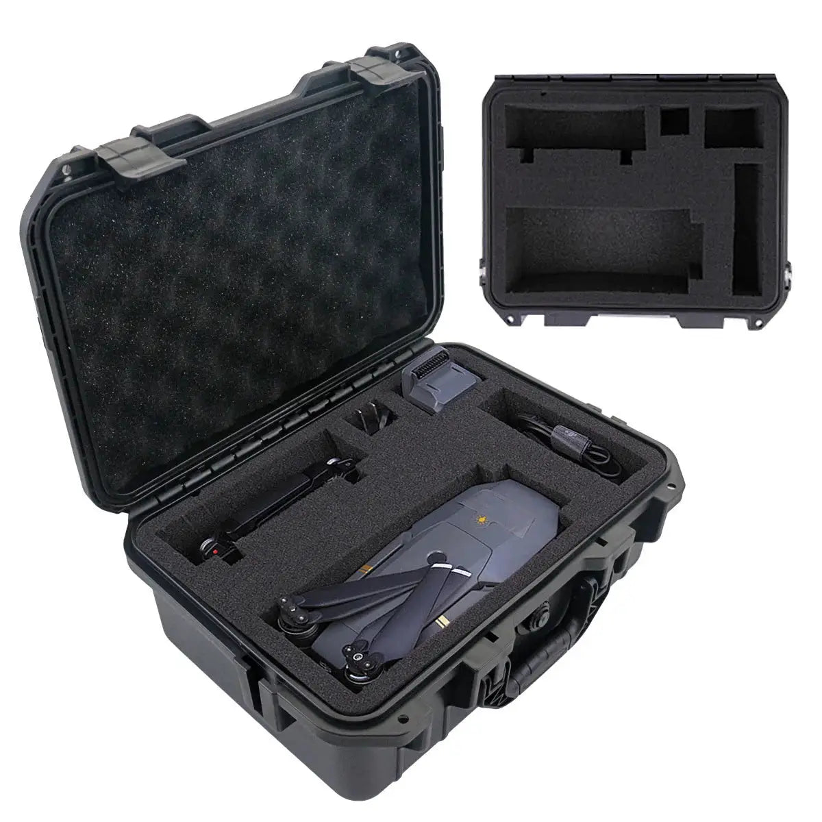 Simples Market waterproof hard carry case opened to show a folding drone and accessories in foam inserts