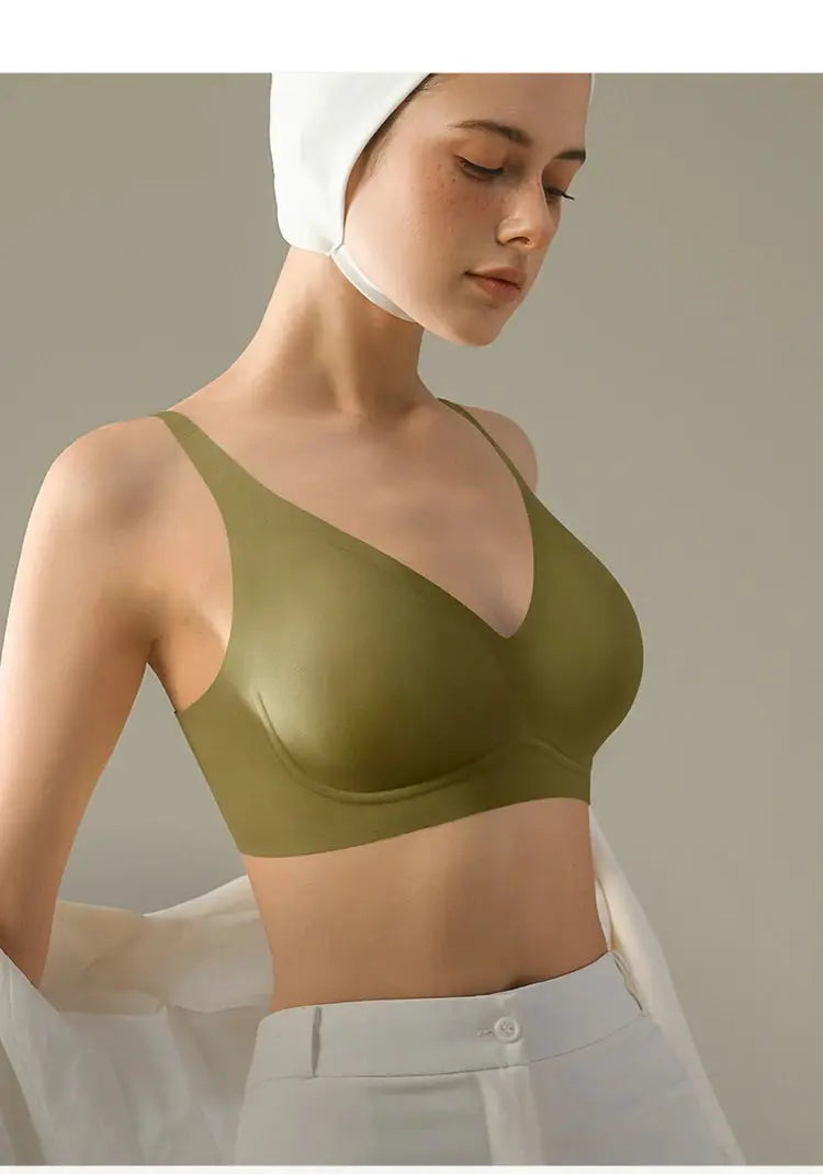 SUJIIN seamless wireless bra olive green padded bralette with invisible lift by Simples Market