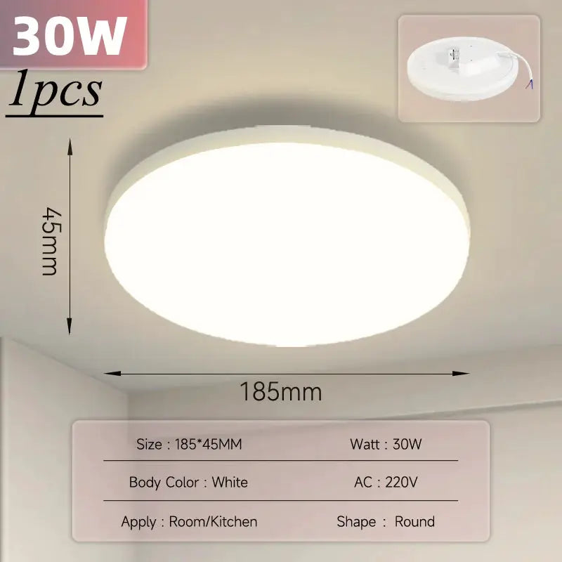 Round LED ceiling light by Simples Market, white finish, 30W, 185×45mm, AC 220V