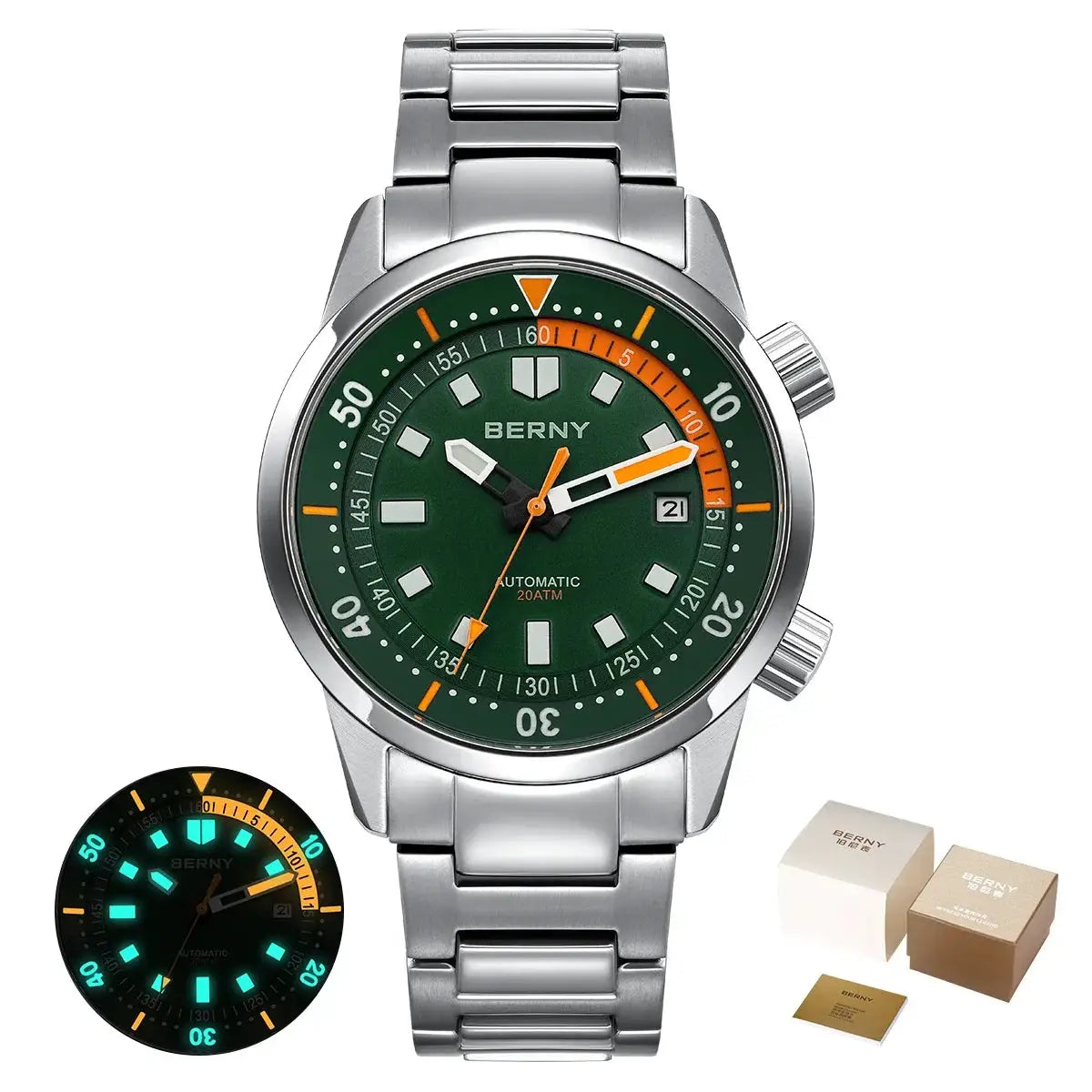 BERNY men's dive watch with green dial, sapphire glass, stainless steel bracelet, 200M water resistance, luminous hands