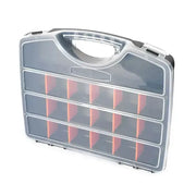 Plastic tool parts storage box by Simples Market with transparent compartments and orange dividers