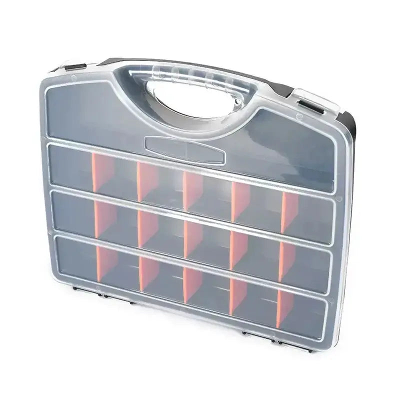 Plastic tool parts storage box by Simples Market with transparent compartments and orange dividers