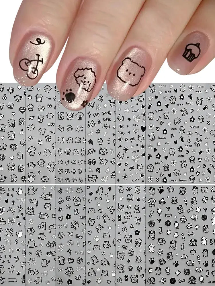 12-sheet cartoon black cat nail stickers set by Simples Market for kawaii puppy and kitten nail art decals