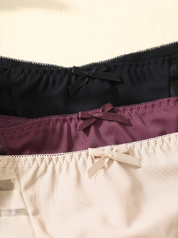 FINETOO 3pc lace underwear set in black, burgundy and beige with bow accents and low-waist design