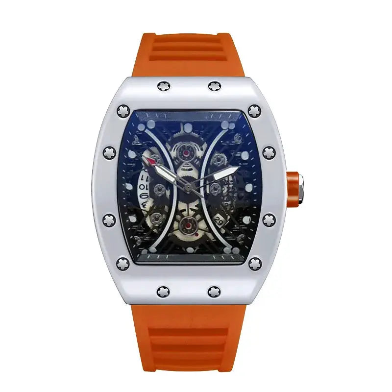 Light Luxury Brand Mens Wine Barrel Dial Quartz Watch with Night Glow and Calendar Durable Silicone Band