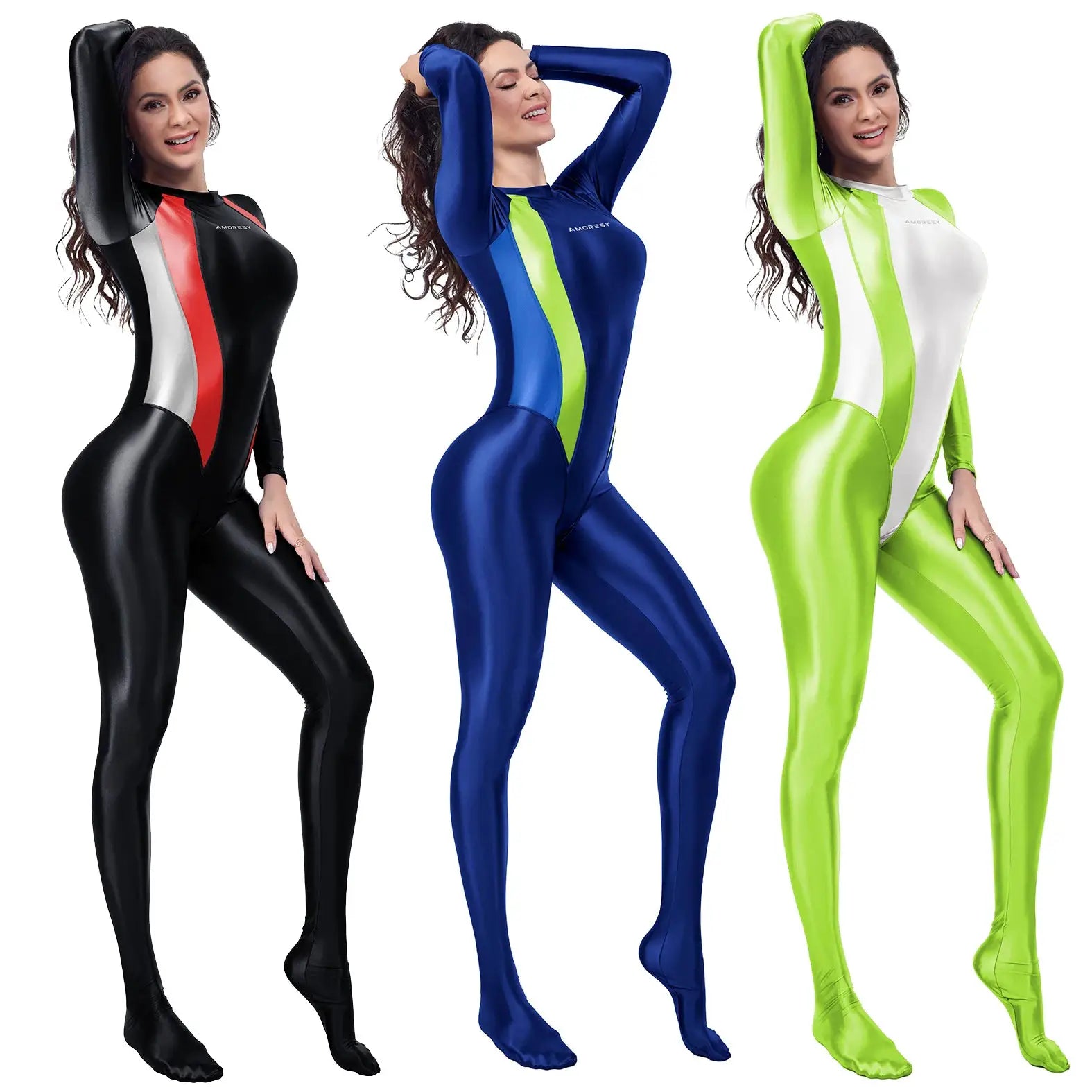 AMORESY wetlook catsuits; black with red stripe, blue with lime stripe, neon green with white stripe, 3-piece Zentai