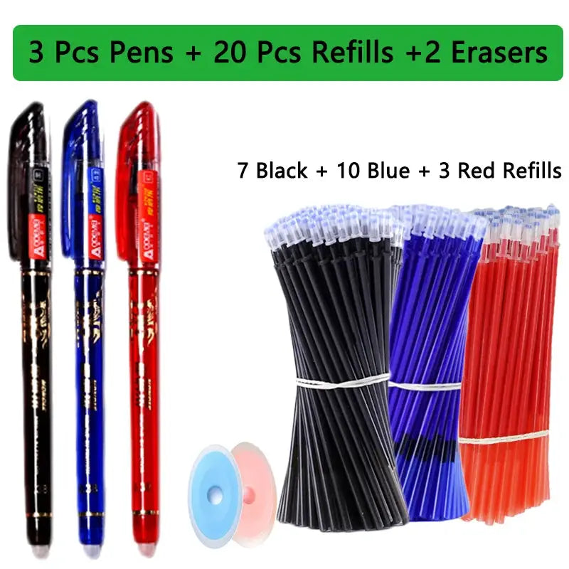Simples Market kawaii erasable gel pen set, 25 pcs with 3 pens, 7 black + 10 blue + 3 red refills, plus 2 erasers.