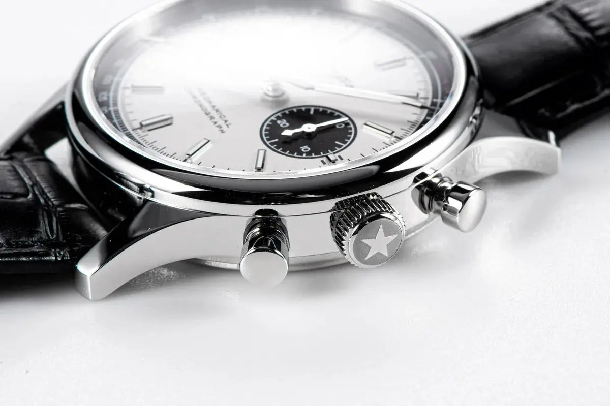 Sugess 1963 Panda pilot chronograph watch on black leather strap with stainless steel case