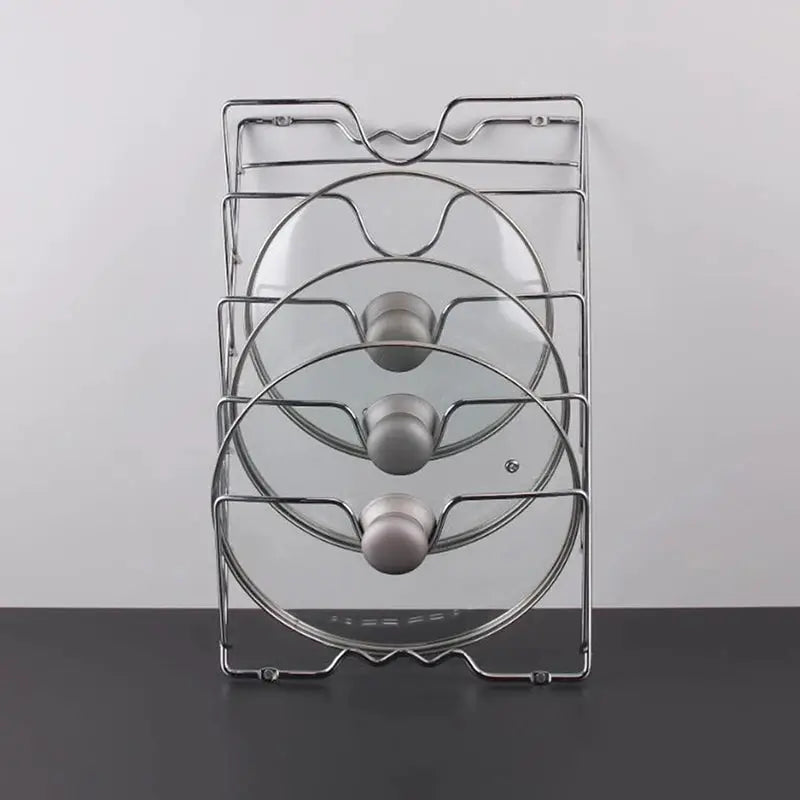 Pot lid storage rack, five-layer chrome metal wall-hanging kitchen organizer with glass lids