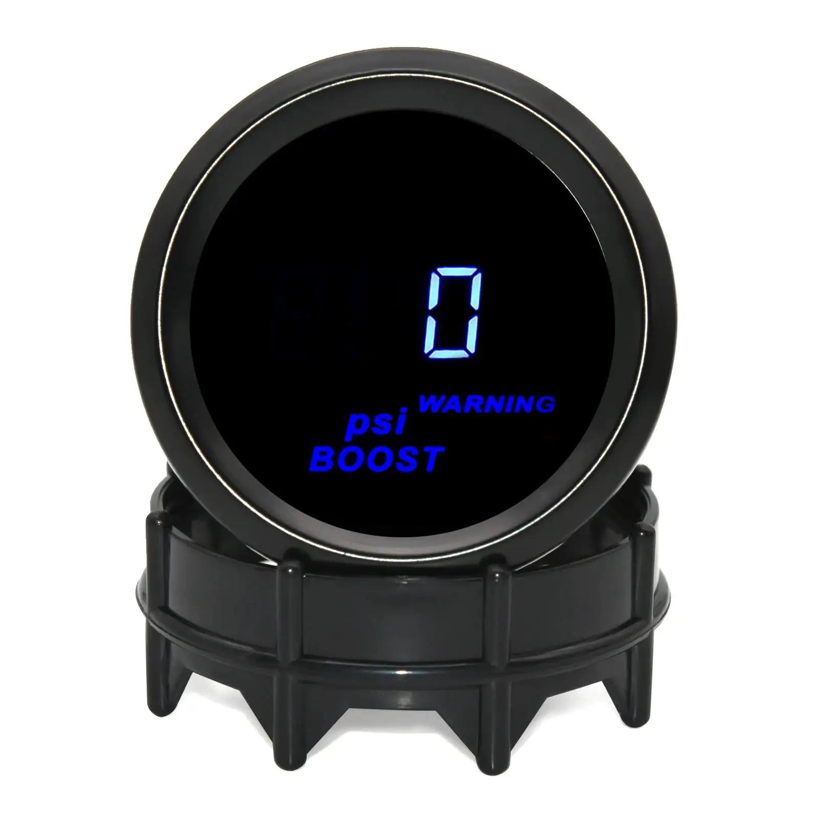 2-inch 52mm digital gauge with blue LED display in black housing showing 0 psi BOOST warning
