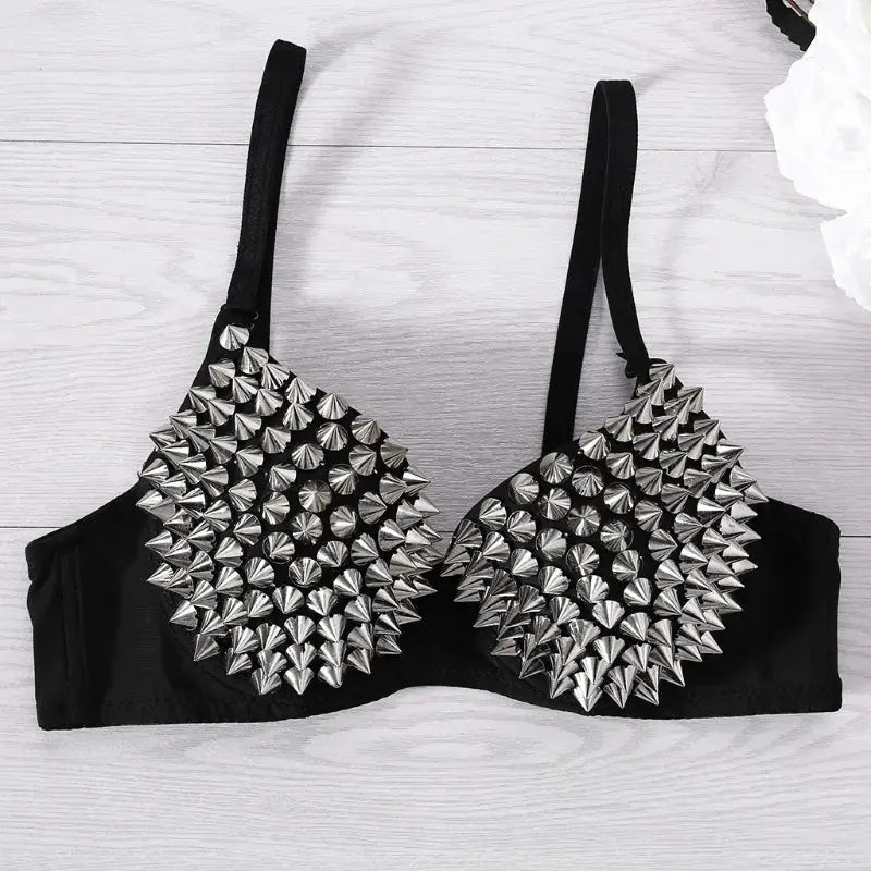 Black wireless bra top with silver spike studs on the cups for steampunk party lingerie