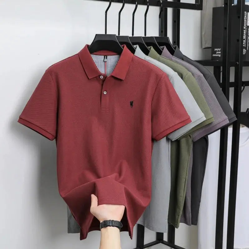 Polo shirt, burgundy, 100% cotton, short sleeves, with small embroidered pony logo; multiple colors on display