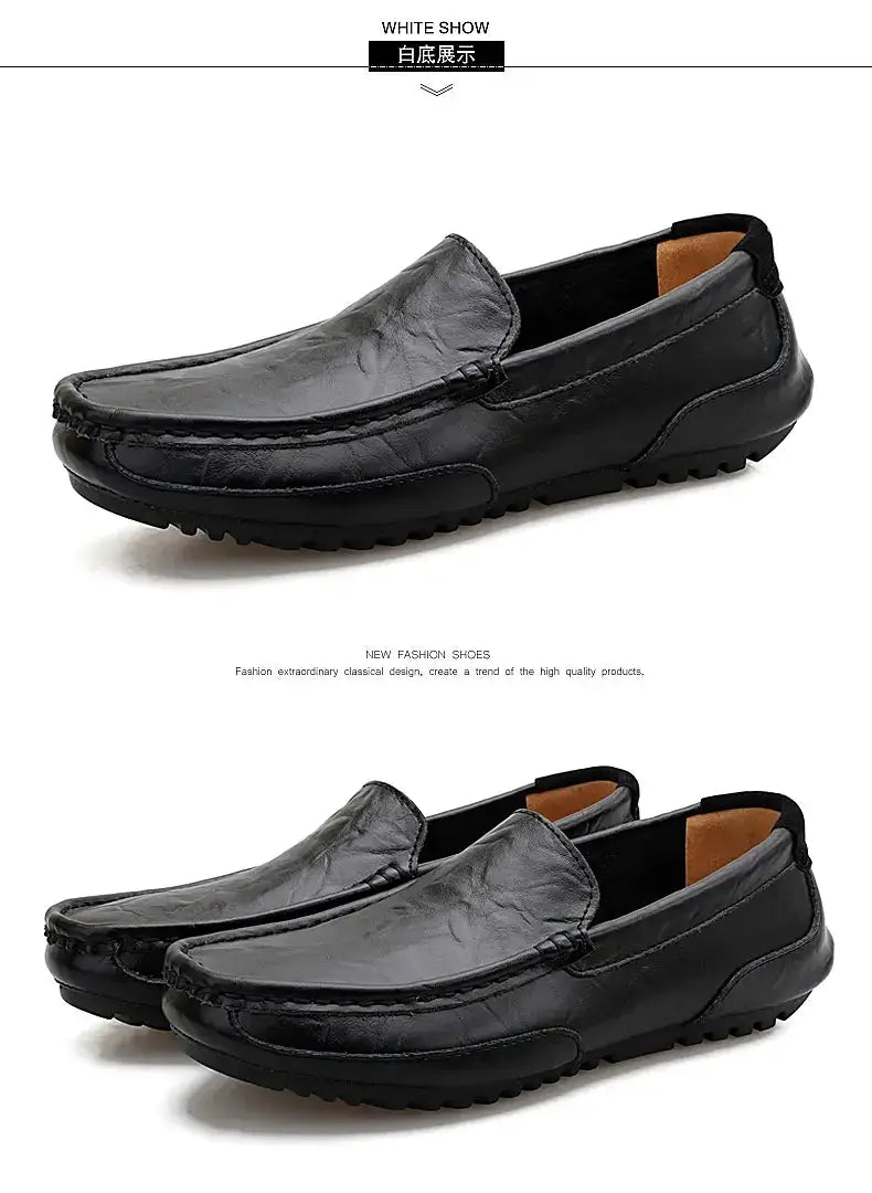 Simples Market men's black genuine leather loafers slip-on driving moccasins, breathable casual shoes