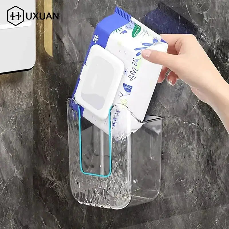 Luxuan tissue box bathroom wall-mounted wet tissue storage with large opening, blue lid and clear holder.