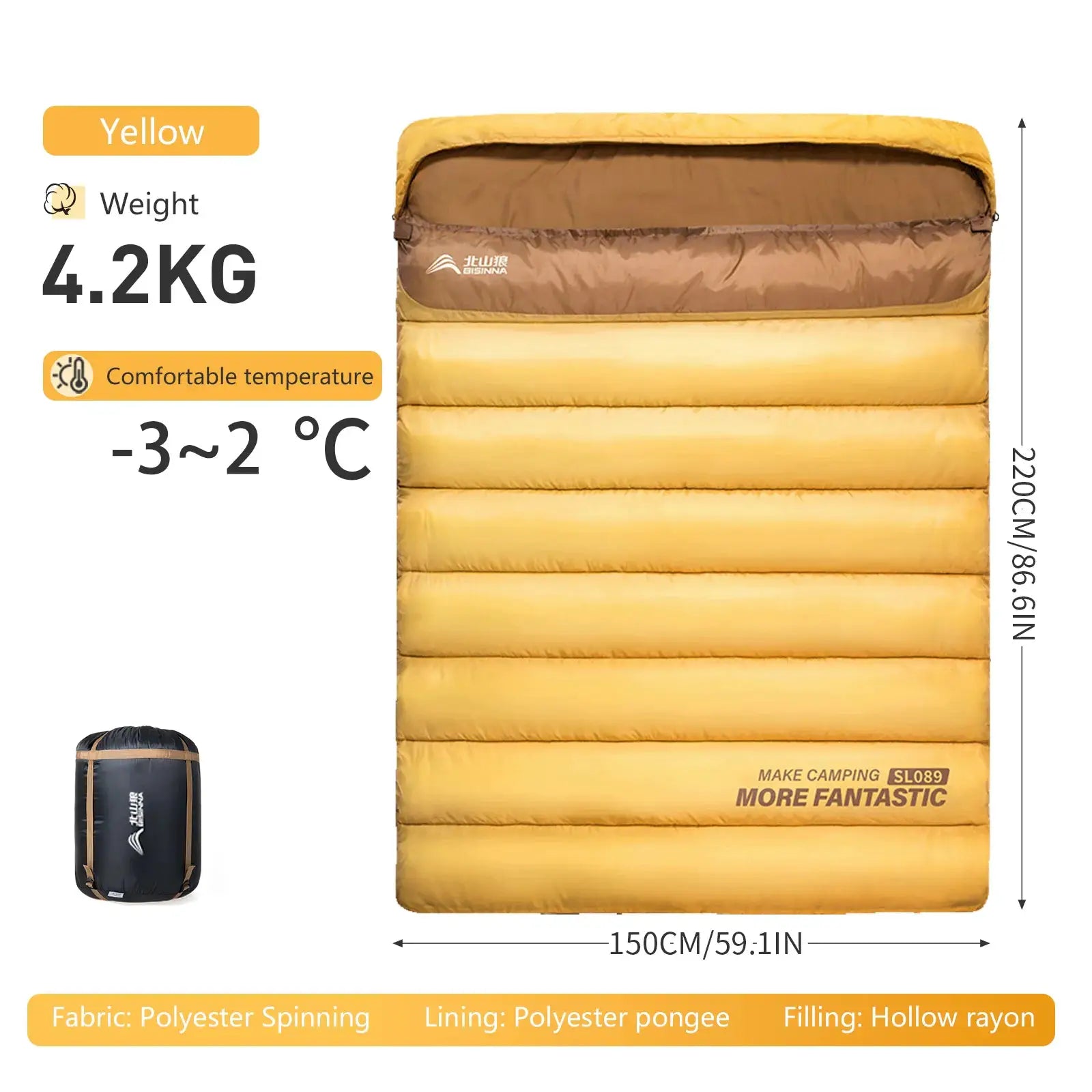 BISINNA 2-Person camping sleeping bag with carry bag, yellow polyester shell, Simples Market