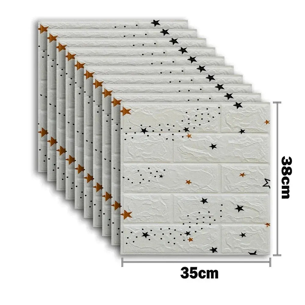10pcs 3D foam wall stickers with white brick pattern and star confetti; self-adhesive, waterproof decor