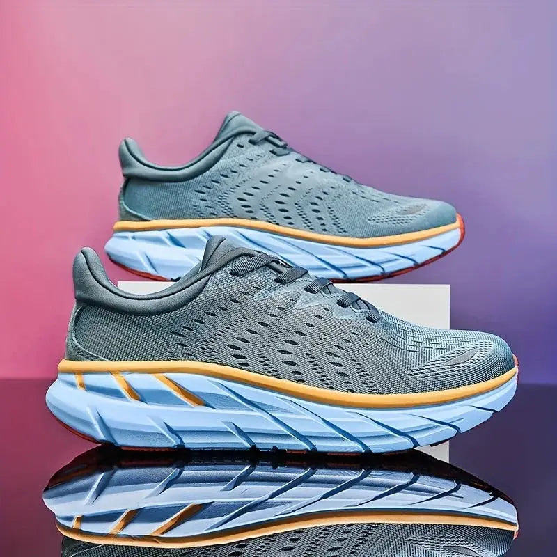 Men's running shoes pair with knit mesh upper in gray-blue and orange midsole, cushion design, sizes 39–46
