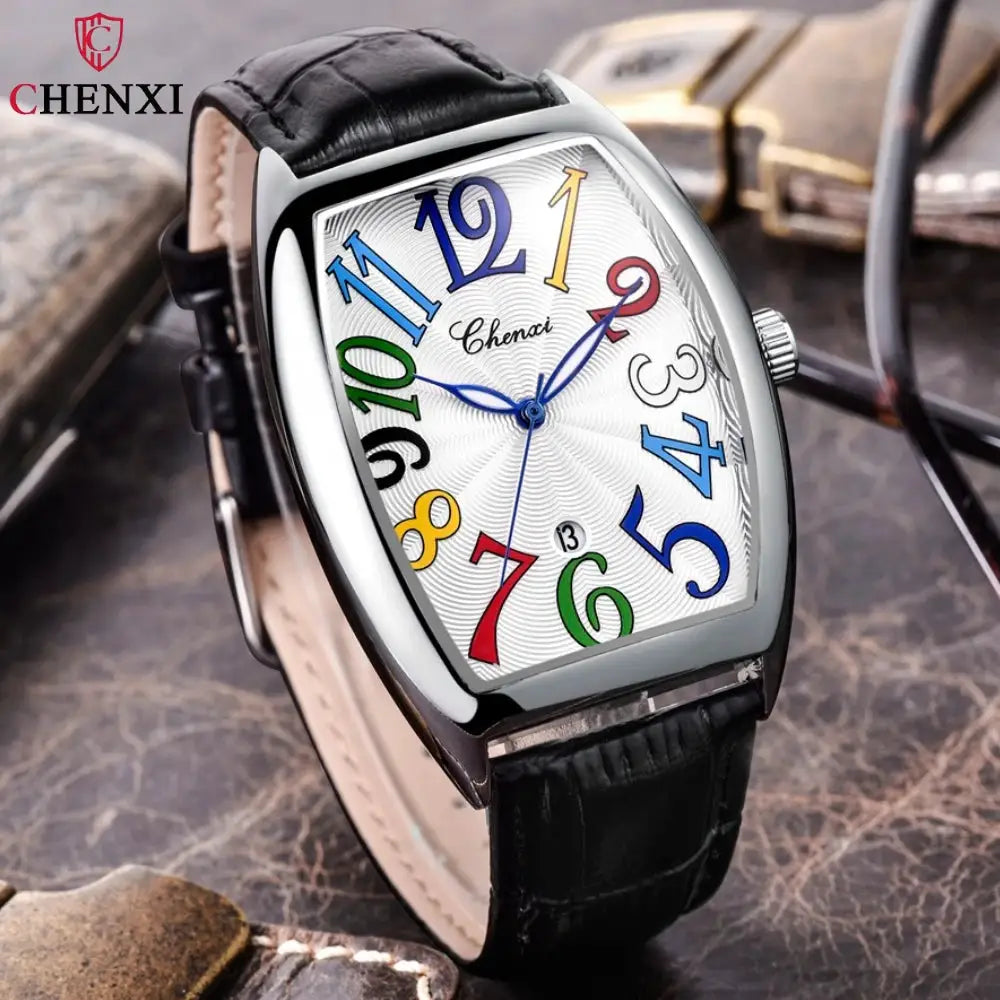 CHENXI men's watch with colorful numbered dial, curved glass, silver case, and black leather strap.